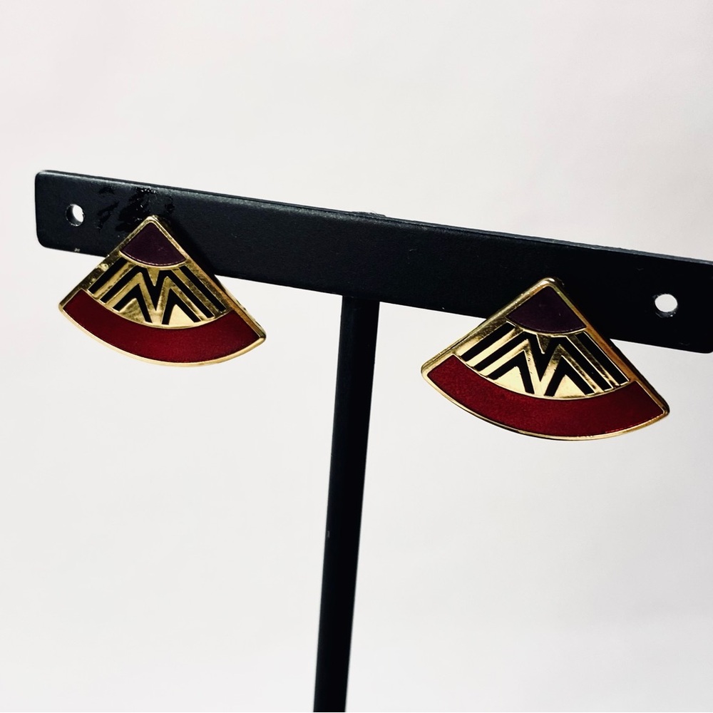🎉LAST CALL🎉 Vintage Laurel Burch Fan-Shaped Cloisonné Earrings Gold-tone